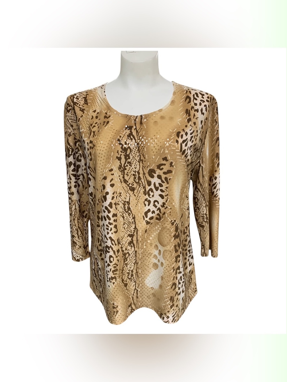 Cristina B Tan Animal-Print Long Sleeve Scoop Neck Top Size M